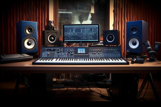 Foto mesa de produtores musicais com monitores de estúdio e equipamento de mistura