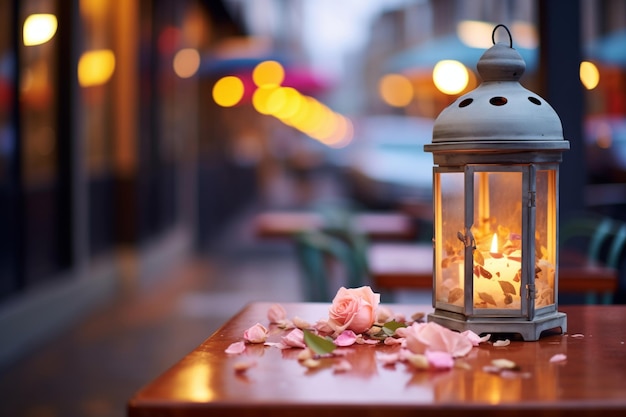 Mesa de restaurante de rua com lanterna acesa e pétalas de rosa