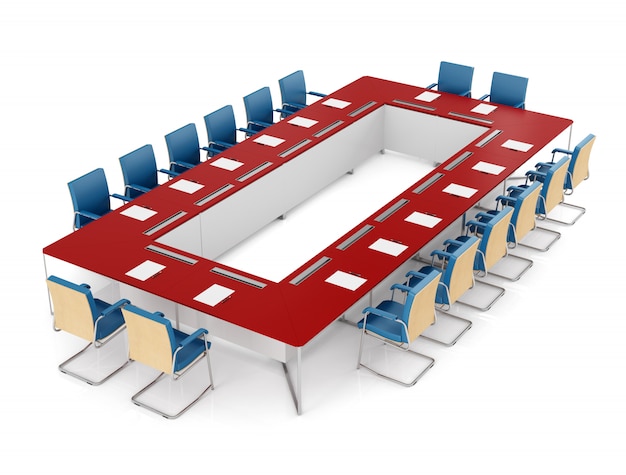 Foto mesa de reunião vermelha e azul e cadeira vermelha em branco