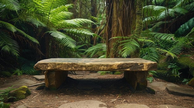 Mesa de rocha na selva da Tasmânia para exibir produtos