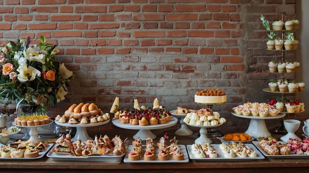 Mesa de sobremesas com uma variedade de guloseimas cupcakes cobertos com framboesas chocolate brownies e meringues de limão artisticamente arranjados para uma festa de doces