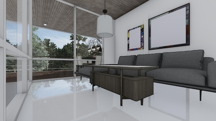 Foto mesa de sofá pendurada lâmpadas no teto na sala de estar ilustração 3d de arquitetura de esboço interior