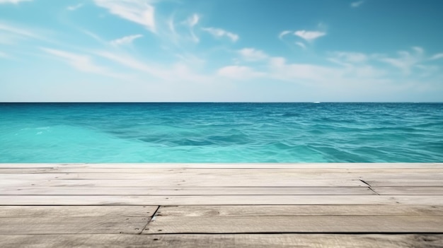 Mesa de textura de madeira com mar azul e céu brilhante em fundo de verão Generative AI AIG21