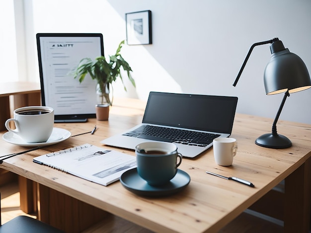 Mesa de trabalho com café portátil e documentos no interior da casa