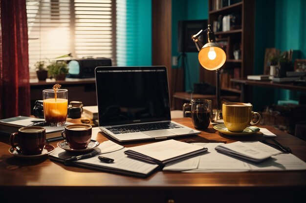 Mesa de trabalho com café portátil e documentos no interior de casa