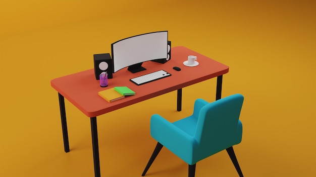 Mesa de trabalho com monitor de teclado, mouse e cadeira de renderização 3D azul