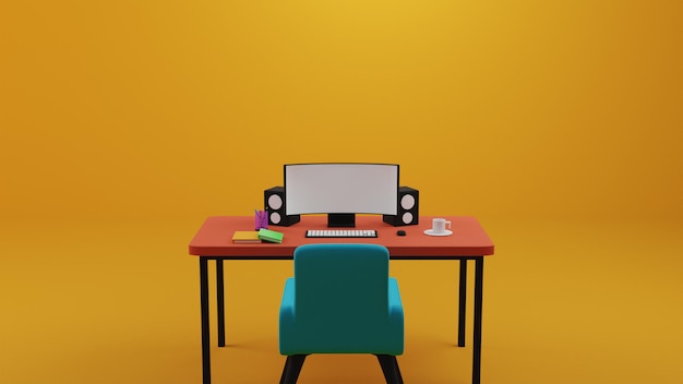 Mesa de trabalho com monitor de teclado, mouse e cadeira de renderização 3D azul