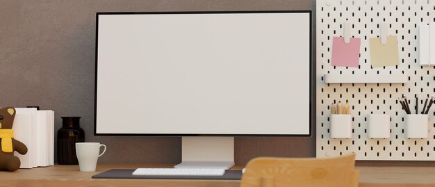 Mesa de trabalho em casa para adolescentes - Maquete de uma tela em branco de computador moderno em uma mesa com decorações