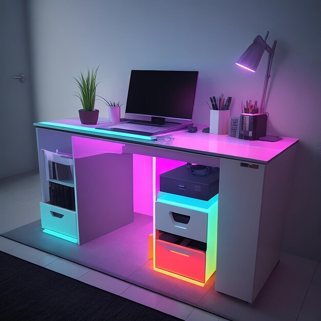 Mesa de trabalho moderna com luz LED colorida gerada por IA