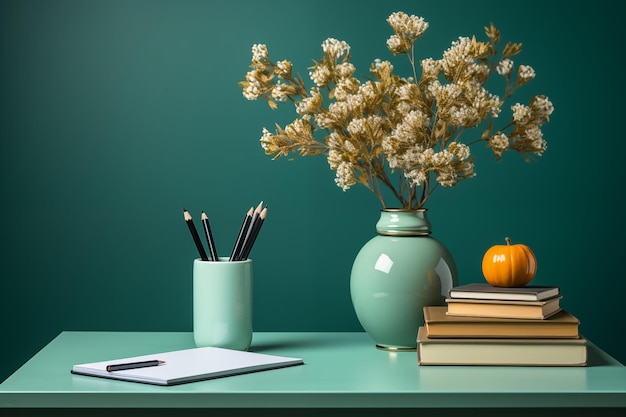 Foto mesa de trabalho ou mesa de leitura em fundo verde da parede