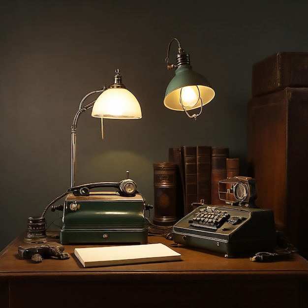 Mesa de trabalho retro vintage com lâmpada antiga