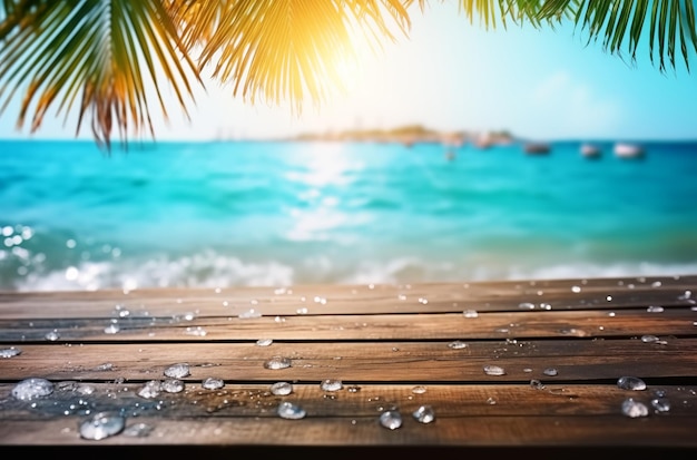 Foto mesa de verão folhas de palmeira borradas e luzes de bokeh do oceano em prancha de madeira paisagem costeira abstrata