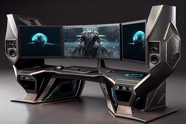 Mesa de videogame com computador de última geração e vários monitores para uma experiência imersiva