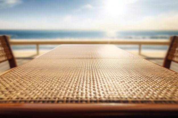Foto mesa de vime vazia em uma praia com vista para o mar do pôr do sol ai generativo