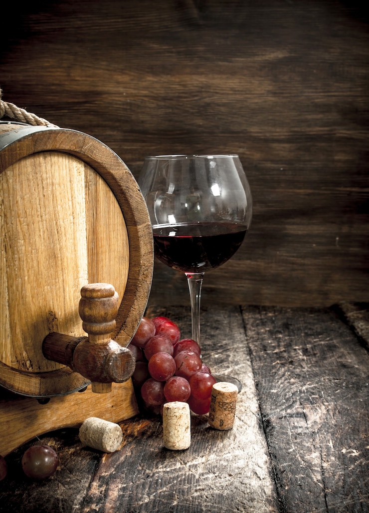 Mesa de vinho. Um barril com vinho tinto e uvas frescas. Em uma mesa de madeira.