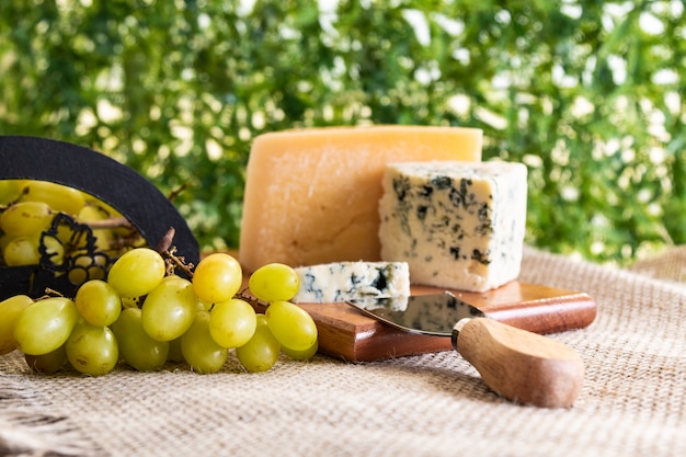 Foto mesa de vinhos com queijo e uvas