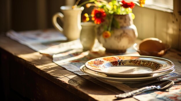 Mesa de decoración cubierta con un mantel con platos flores IA generativa