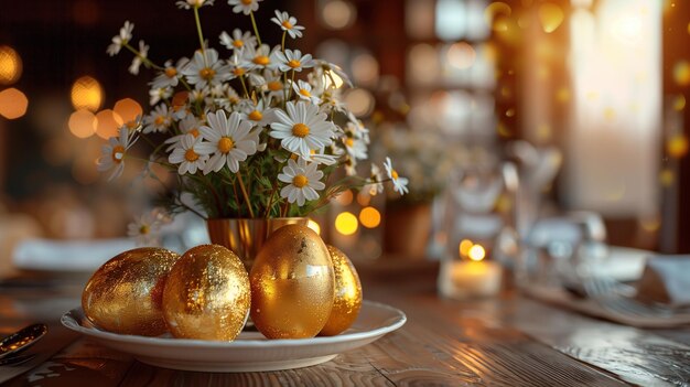 Mesa con decoración de Pascua y huevos de oro