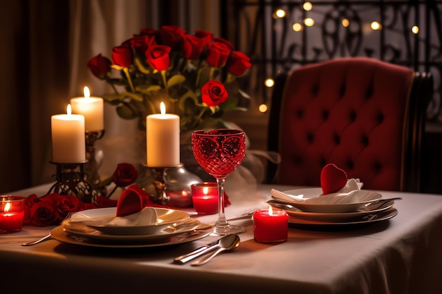 Mesa decorada para una cena romántica con dos copas de champán ramo de rosas rojas o vela