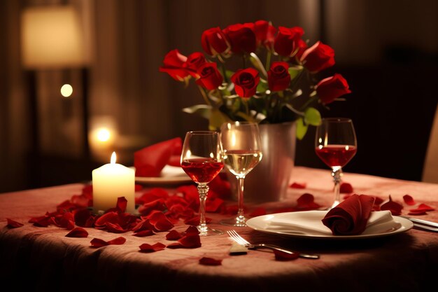 Mesa decorada para una cena romántica con dos copas de champán ramo de rosas rojas o vela