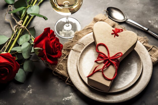 Mesa decorada para una cena romántica con dos copas de champán ramo de rosas rojas o vela