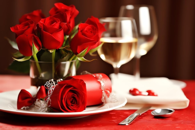 Mesa decorada para una cena romántica con dos copas de champán ramo de rosas rojas o vela