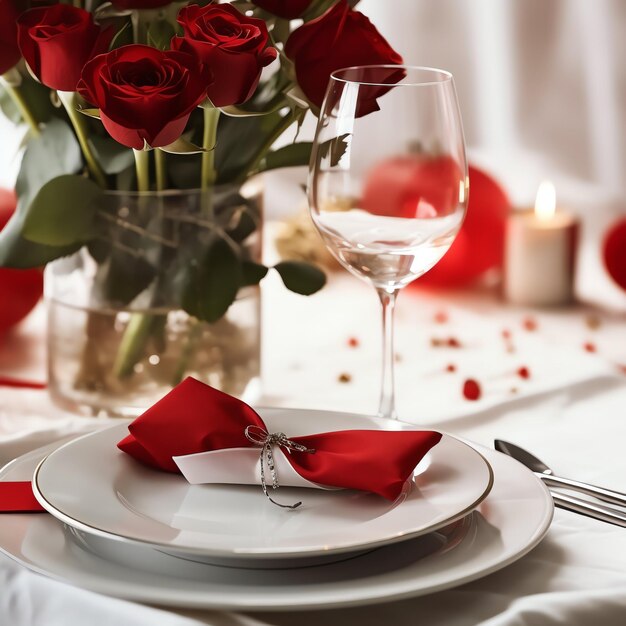 Mesa decorada para una cena romántica con dos copas de champán ramo de rosas rojas o vela