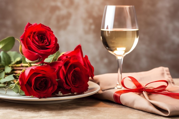 Mesa decorada para una cena romántica con dos copas de champán ramo de rosas rojas o vela