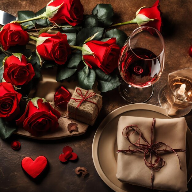 Mesa decorada para una cena romántica con dos copas de champán ramo de rosas rojas o vela