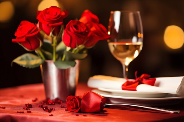 Mesa decorada para una cena romántica con dos copas de champán ramo de rosas rojas o vela