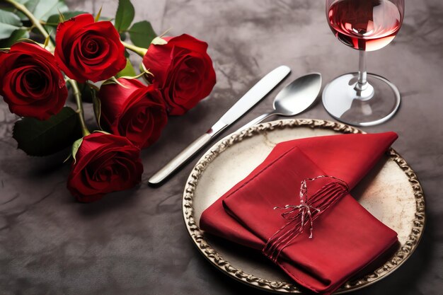 Mesa decorada para una cena romántica con dos copas de champán ramo de rosas rojas o vela