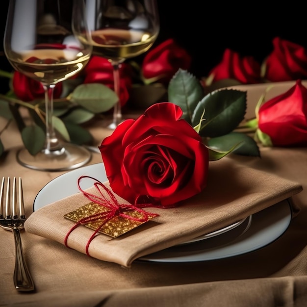 Mesa decorada para una cena romántica con dos copas de champán ramo de rosas rojas o vela