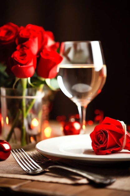 Mesa decorada para una cena romántica con dos copas de champán ramo de rosas rojas o vela