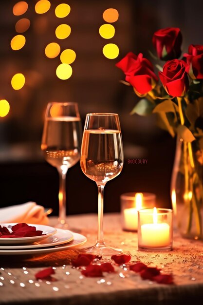 Foto mesa decorada para una cena romántica con dos copas de champán ramo de rosas rojas o vela