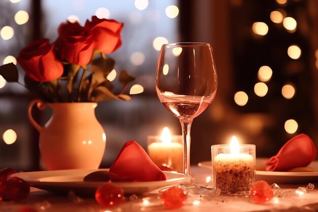 Foto mesa decorada para una cena romántica con dos copas de champán ramo de rosas rojas o vela