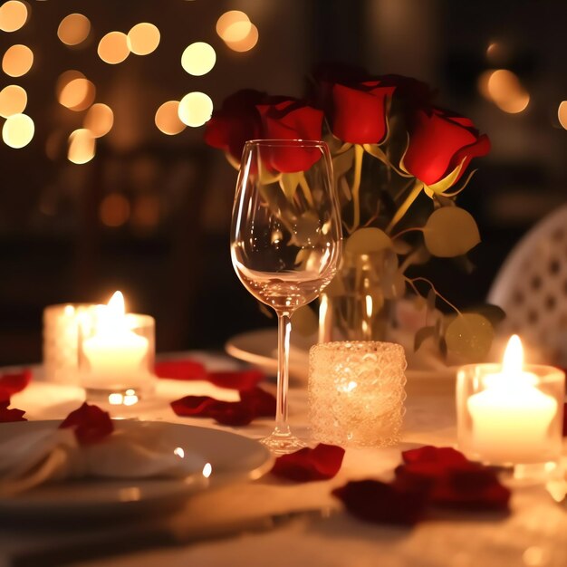 Mesa decorada para una cena romántica con dos copas de champán ramo de rosas rojas o vela