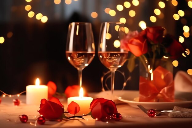 Foto mesa decorada para una cena romántica con dos copas de champán ramo de rosas rojas o vela