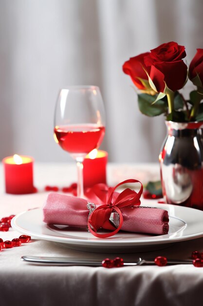 Foto mesa decorada para una cena romántica con dos copas de champán ramo de rosas rojas o vela