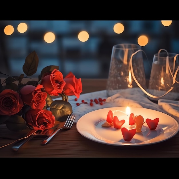 Foto mesa decorada para una cena romántica con dos copas de champán ramo de rosas rojas o vela