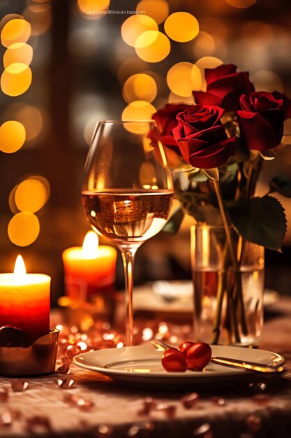 Foto mesa decorada para una cena romántica con dos copas de champán ramo de rosas rojas o vela