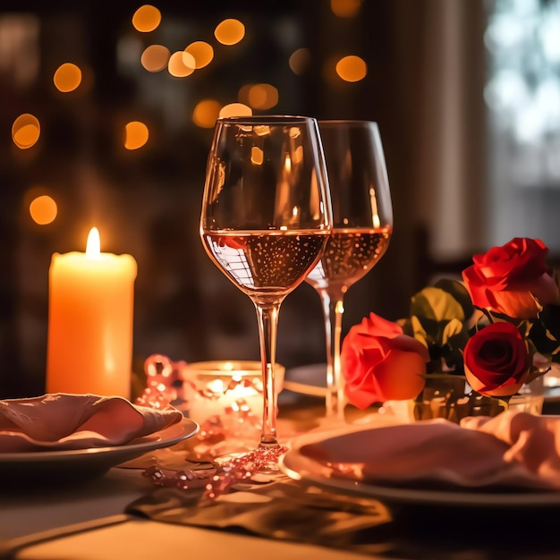 Mesa decorada para una cena romántica con dos copas de champán ramo de rosas rojas o vela