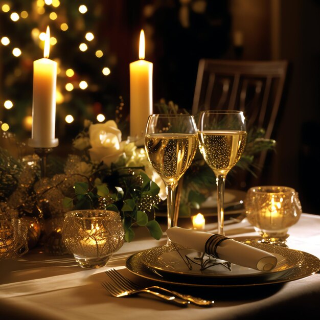 Foto mesa decorada para una cena romántica con dos copas de champán ramo de rosas rojas o vela