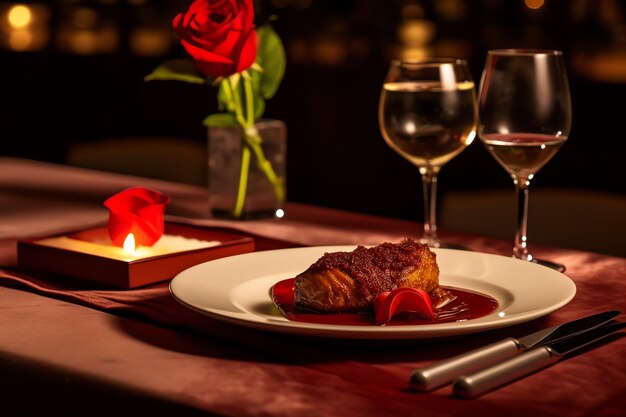 Foto mesa decorada para una cena romántica con dos copas de champán ramo de rosas rojas o vela