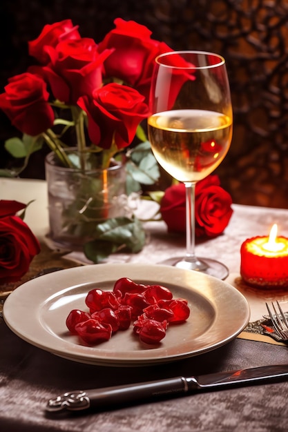 Foto mesa decorada para una cena romántica con dos copas de champán ramo de rosas rojas o vela