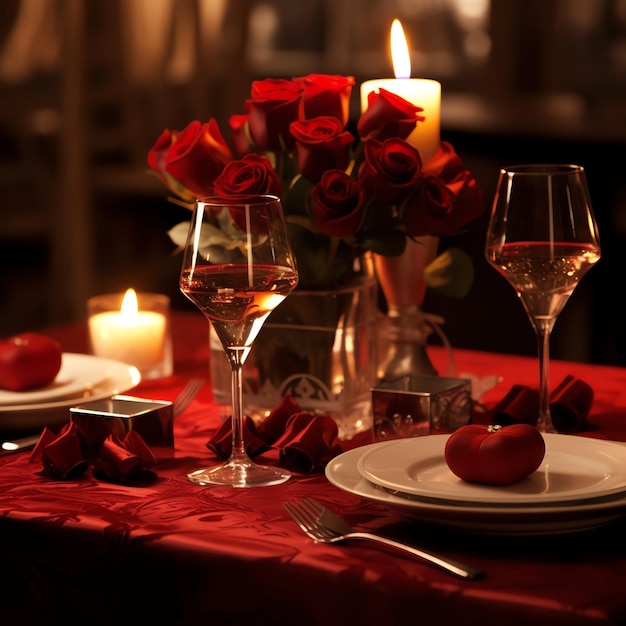 Foto mesa decorada para una cena romántica con dos copas de champán ramo de rosas rojas o vela