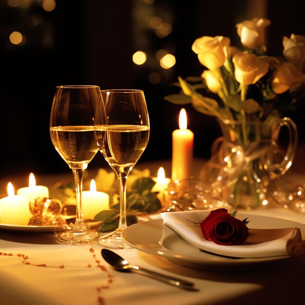 Mesa decorada para una cena romántica con dos vasos de champán, un ramo de rosas rojas o una vela