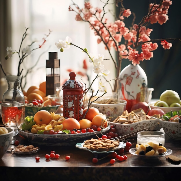 Mesa decorada com flores de cerejeira comida legumes frutas celebrações do Ano Novo Chinês