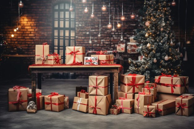 Mesa decorada festivamente en un almacén con cajas de regalo, cintas rojas y letras en un escritorio Representan