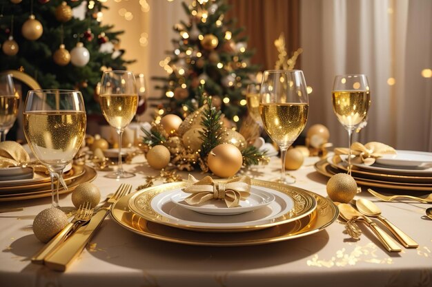 Mesa decorada con flores doradas para Navidad Esperando las vacaciones La mesa está puesta