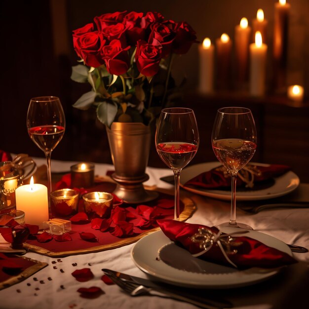 Mesa decorada para um jantar romântico com dois copos de champanhe bouquet de rosas vermelhas ou vela